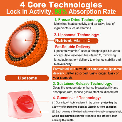 Natural Liposomal Vitamin C 1000mg Gummies for Adults & Kids 9+, Chewable Vitamin C w/ 11mg Zinc, D3, Elderberry, Echinacea, , Bioflavonoid, Immune Support, Whole Food VIT C from Fruits, Sugar Free