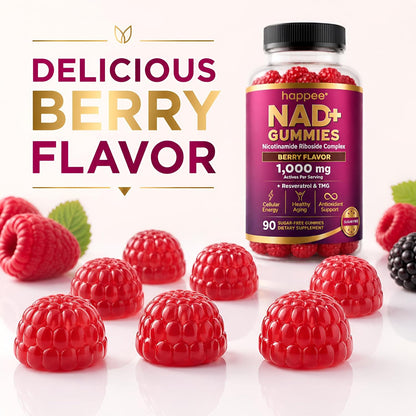 Happee NAD+ Gummies Supplement for Women & Men, Sugar-Free 1,000mg 90 Ct | Healthy Aging, Energy, & Focus 5-in-1 NAD Plus Resveratrol, Nicotinamide Riboside 500mg NR, TMG, Quercetin, & CoQ10