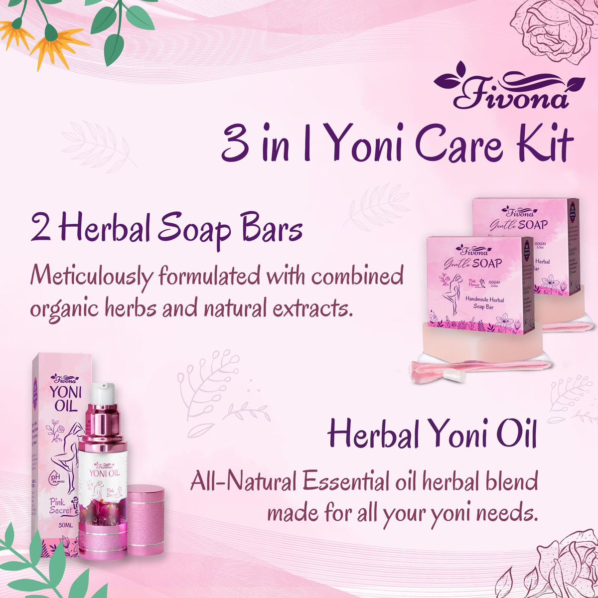 FIVONA 3 in 1 Set of Yoni Oil with 2 Yoni Soap Bars - Feminine pH Balanced Natural Vaginal Oil 30 ml