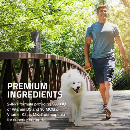 Bronson Vitamin K2 D3 (MK7) Supplement 2-in1 D3 & K2 Complex, 60 Capsules | Bone, Immune & Heart Health Support, Gluten Free, Soy Free, Non-GMO, Vitamin D3 5000IU (125 mcg) & 90 mcg K2 MK-7