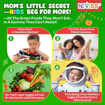 NEVISS Kids Teens Ages 4–17 Multivitamin with Iron Omega3 D3K2, Picky Eater Vitamin Super Greens Gummies, Boys Girls Organic Fruits Veggies Superfood Gummy, Mushroom | Immune Bone Brain, Sugar Free
