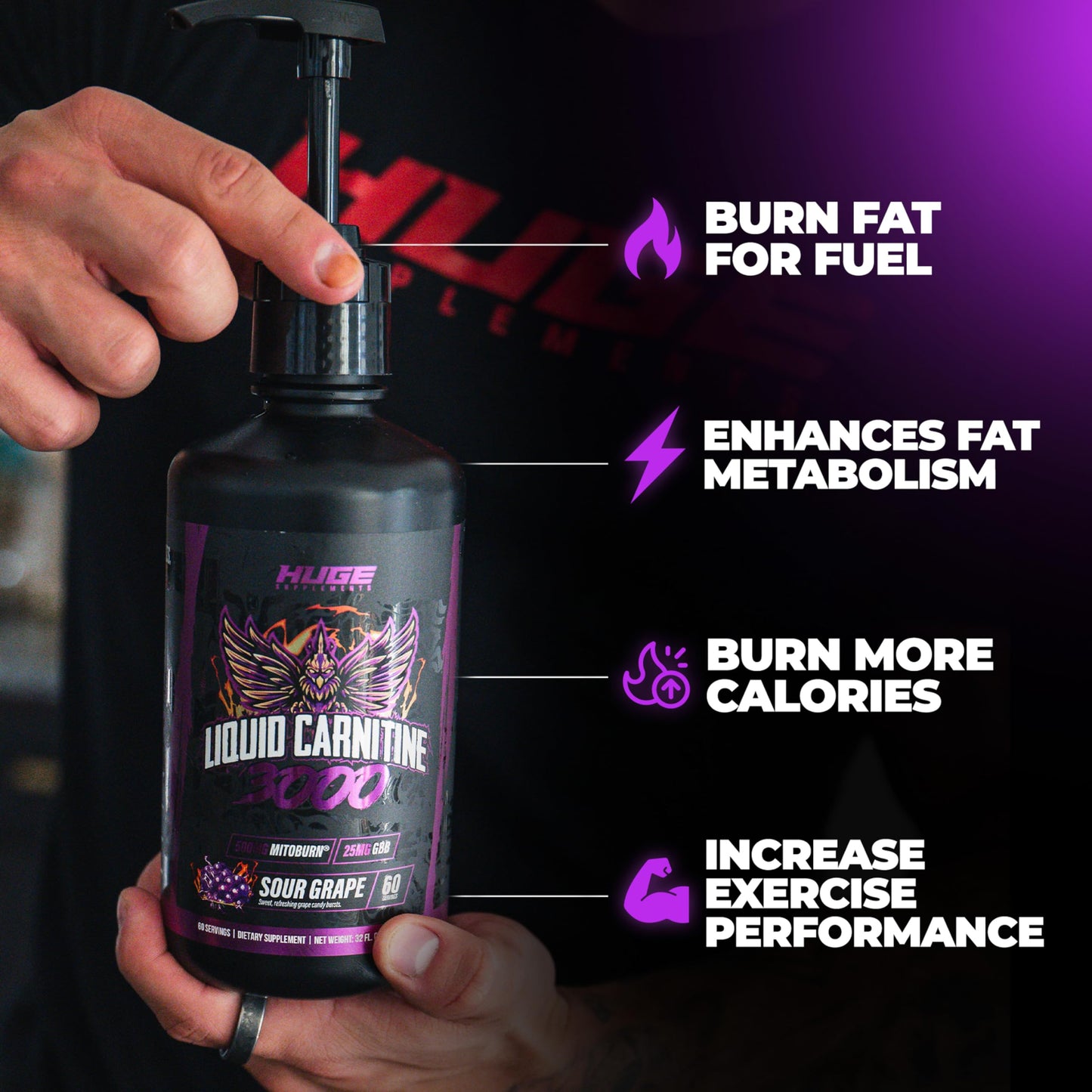 Huge Supplements Liquid L-Carnitine 3000, Superior Potency Infused with 500mg MitoBurn & 25mg GBB, Premium Stim-Free & Energy Boost, Convenient Pump Top, 32 Oz (60 Servings)