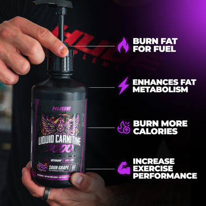 Huge Supplements Liquid L-Carnitine 3000, Superior Potency Infused with 500mg MitoBurn & 25mg GBB, Premium Stim-Free & Energy Boost, Convenient Pump Top, 32 Oz (60 Servings)