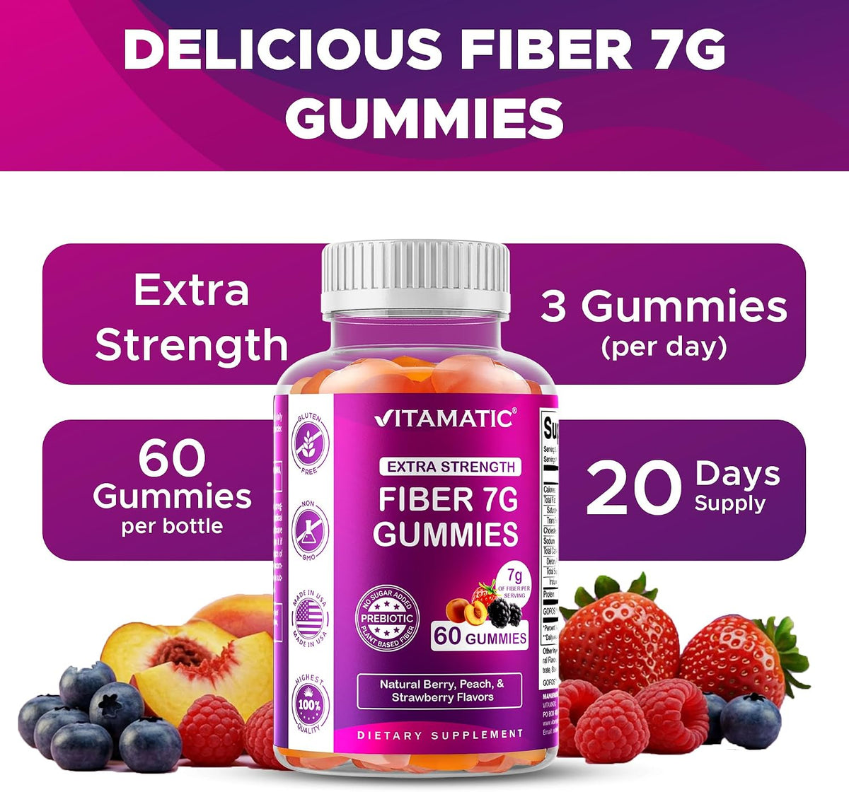 Vitamatic Prebiotic Fiber Gummies for Adults – 7g Fiber per Serving – 60 Pectin-Based Gummies Extra Strength, Zero Sugar Added – Supports Digestive Health & Regularity – Non-GMO, Vegan, Gluten-Free