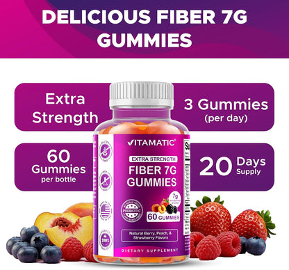 Vitamatic Prebiotic Fiber Gummies for Adults – 7g Fiber per Serving – 60 Pectin-Based Gummies Extra Strength, Zero Sugar Added – Supports Digestive Health & Regularity – Non-GMO, Vegan, Gluten-Free
