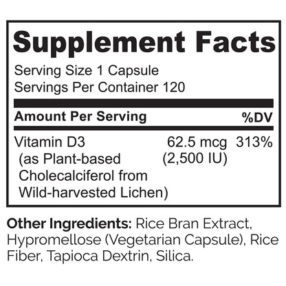NATURELO Vitamin D - 2500 IU - Plant Based from Lichen - Natural D3 Supplement for Immune System, Bone Support, Joint Health - Vegan - Non-GMO - Gluten Free - 180 Capsules