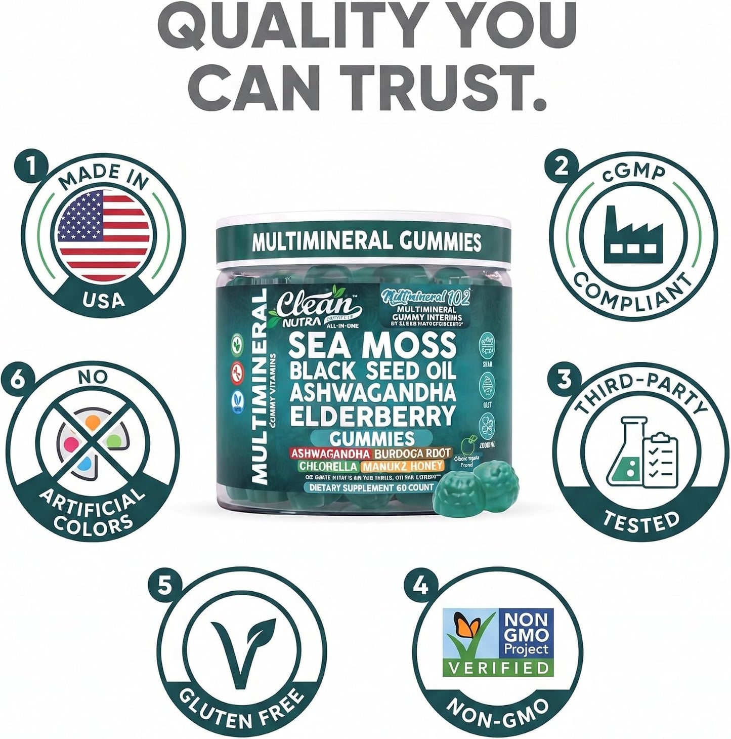 Sea Moss Gummies | Clinically Tested - Black Seed Oil Ashwagandha Elderberry Burdock Root Chlorella Manuka Honey - Vegan Irish Sea Moss Gummy Vitamins for Adults Kids Men Women - Green Apple Flavor