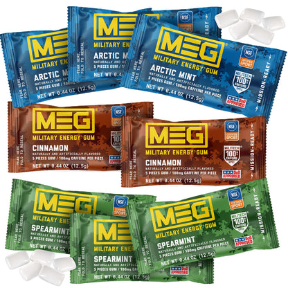 MEG Military Energy Gum, Multi Flavors | Caffeine Gum - Pack of 3, 15 Count
