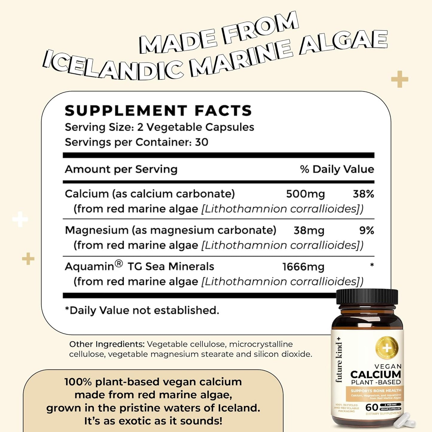 Future Kind Vegan Calcium Supplement - Plant-Based Calcium Magnesium Supplement Sourced from Iceland for Teeth & Bone Support (60 Capsules)