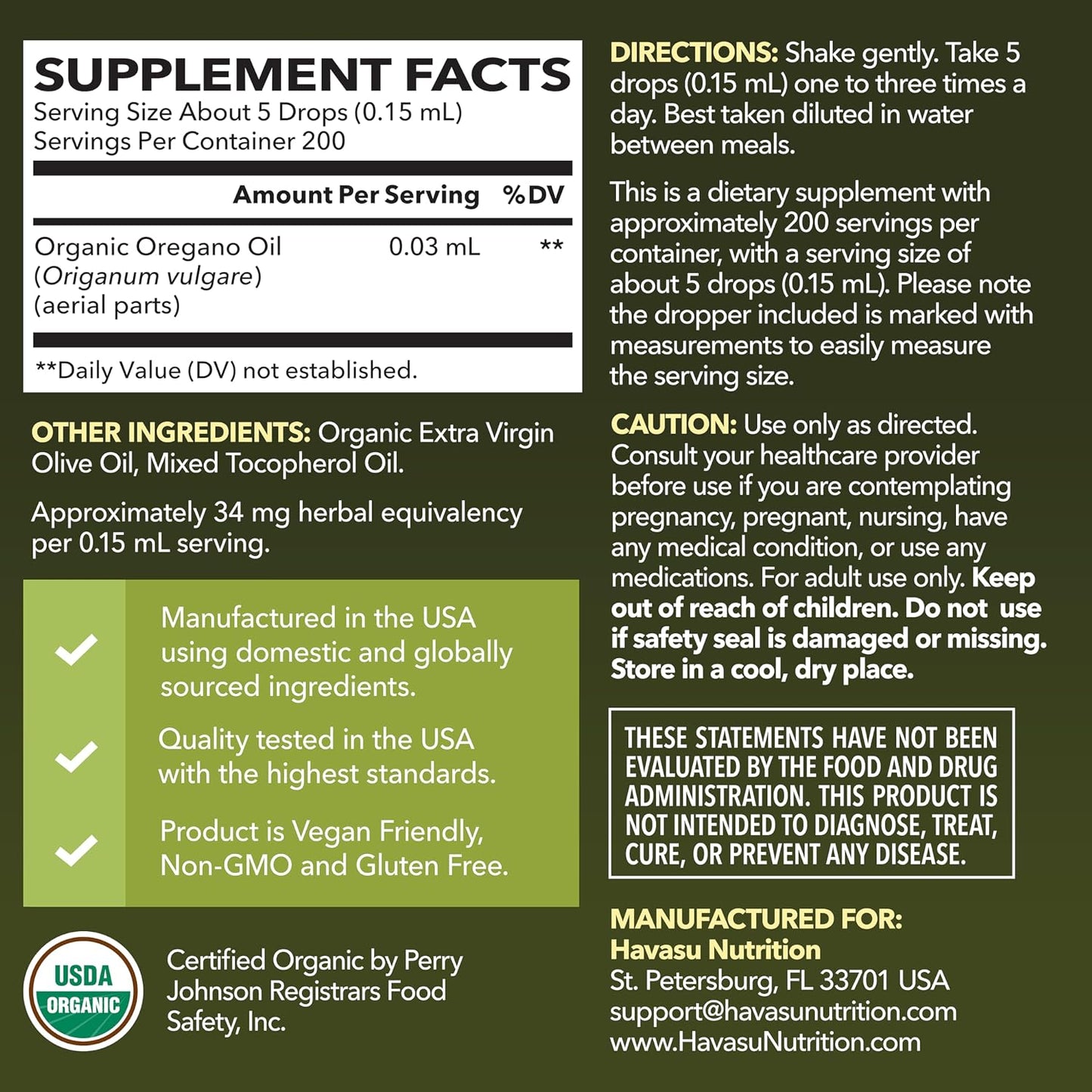 Organic Oil of Oregano Drops, 200 Servings, 1 Fl Oz High Strength Carvacrol | Oregano Oil Liquid Drops for Daily and Seasonal Immune Support, 6 Month Supply, Alcohol Free, Non-GMO, USDA Certified, Vegan