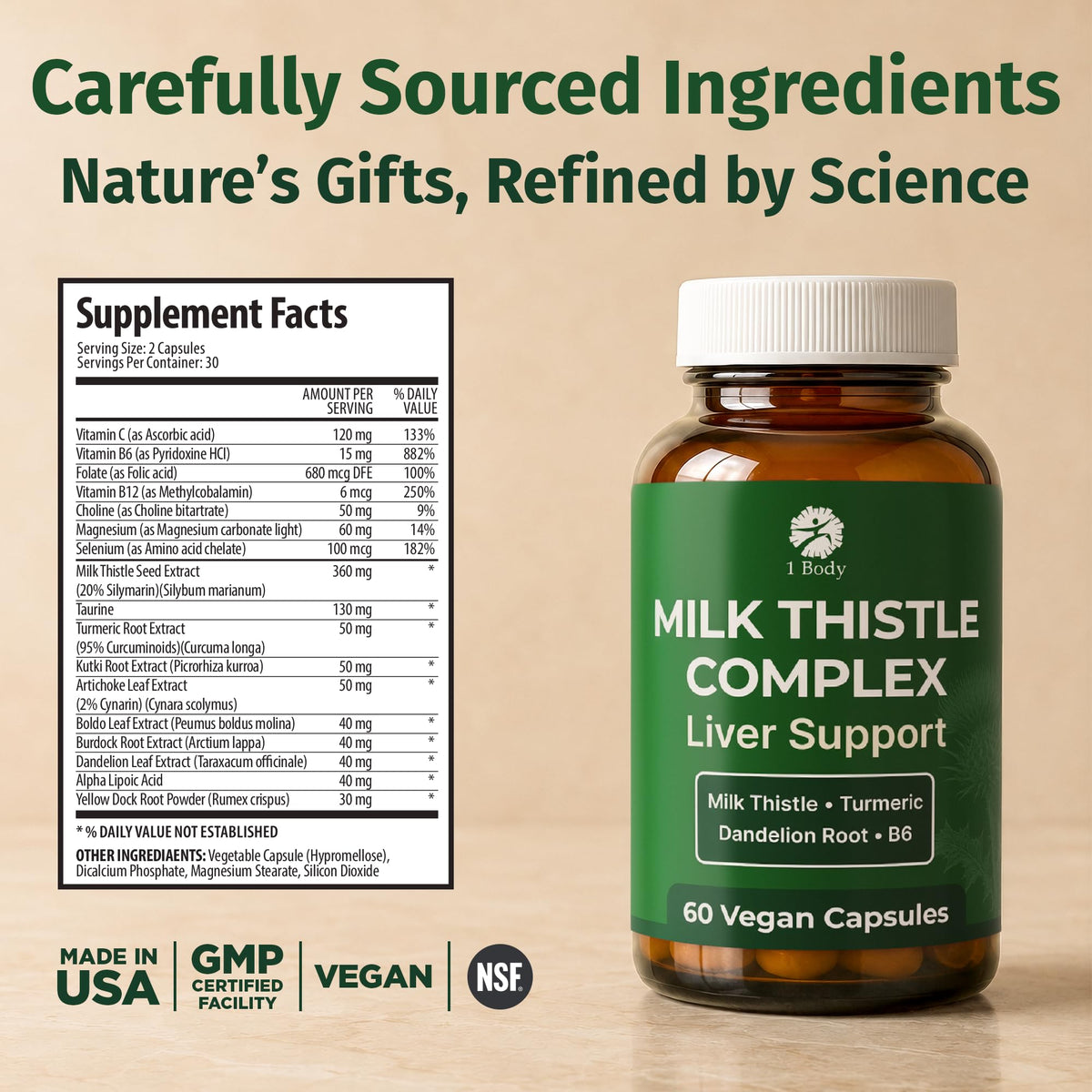 1 Body Milk Thistle Complex, Liver Support, 60 Vegan Capsules, 30 Servings
