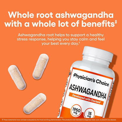 Physician's CHOICE Ashwagandha Supplement - 1950mg of Bioavailable Organic Ashwagandha Root Powder - Black Pepper Extract, Stress Support, Mood Support Supplement, 90 Veggie Capsules