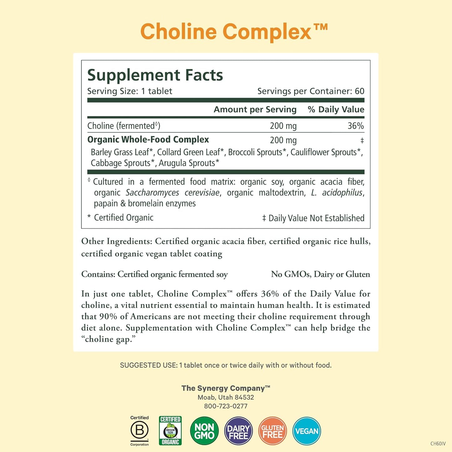 PURE SYNERGY Choline Complex | Vegan Choline Supplement Made with Organic Whole Foods | Non-GMO Bioavailable Complex | for Pregnancy, Brain, and Liver Health (60 Tablets)