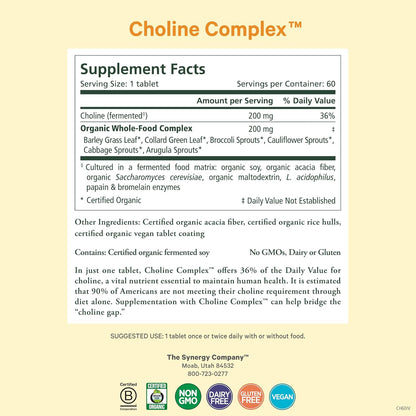 PURE SYNERGY Choline Complex | Vegan Choline Supplement Made with Organic Whole Foods | Non-GMO Bioavailable Complex | for Pregnancy, Brain, and Liver Health (60 Tablets)