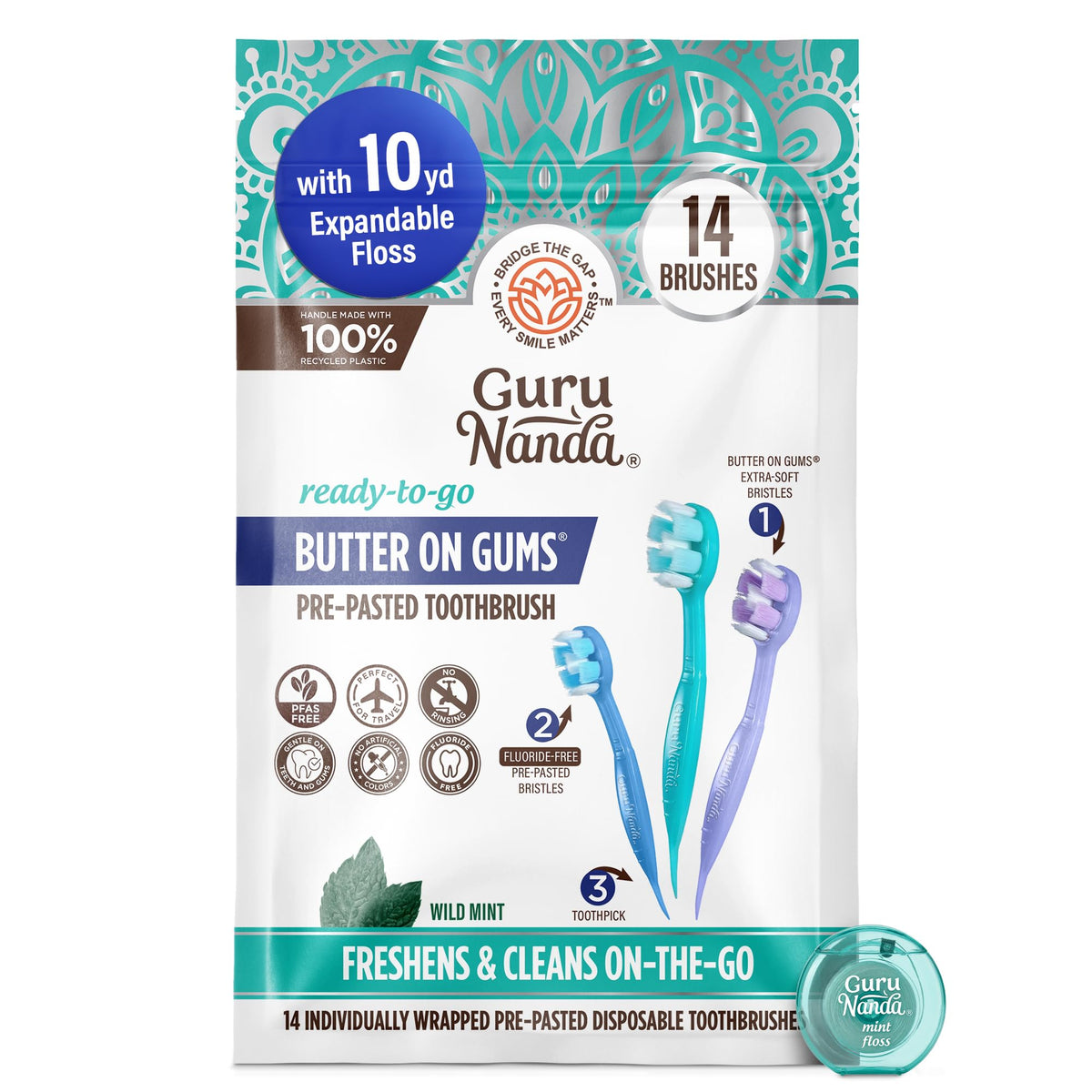 GuruNanda Disposable Travel Toothbrush 1.0, Fluoride Free Toothpaste, 70 ct