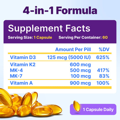 InnovixLabs Vitamin D3 K2-5000 IU Vitamin D3 Plus 600 mcg Vitamin K2 MK4 and MK7 for Max Calcium Absorption, Supports Bone, Immune, Heart Health, 3rd Party Tested, Gluten Free, 60 Softgels