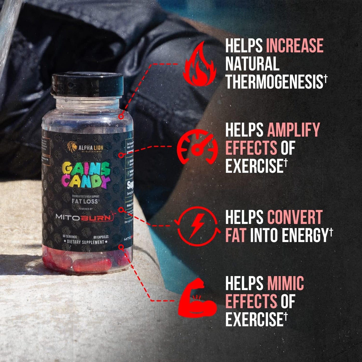 ALPHA LION Gains Candy, Supplement Pills that Support Weight Loss, Appetite Suppressant, Keto-Diet Friendly, Decrease Body Fat, Upgrade Energy & Workout Performance, 60 Capsules (MitoBurn®)