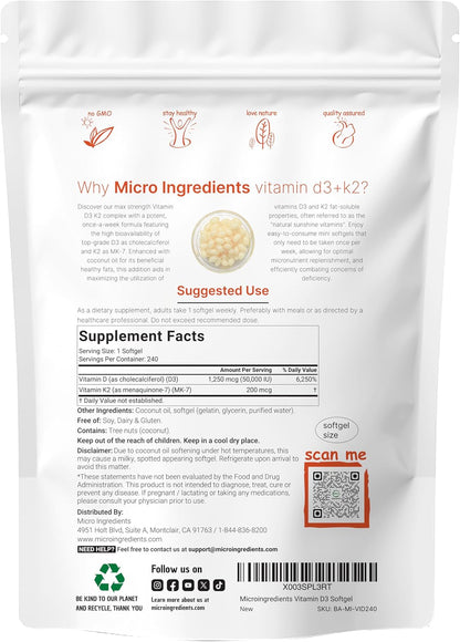 Micro Ingredients Vitamin D3 50,000 IU + K2 MK-7 200 mcg, 240 Softgels | Virgin Coconut Oil | 2-in-1 Support | Easy to Swallow, Non-GMO