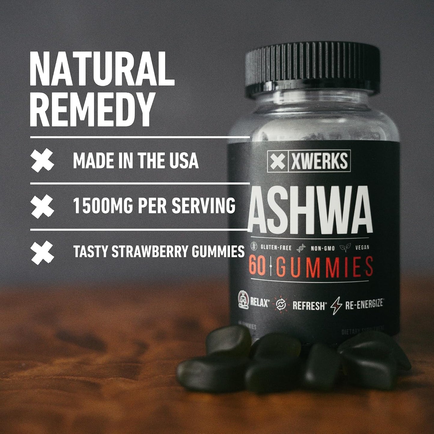 Xwerks Ashwagandha Gummies, Extra Strength 1500 mg Per Serving, Ashwagandha for Women and Men, Vegan Gluten Free, Non GMO, Vitamins and Supplements, Traditional Adaptogenic Herbal Supplement 60 Count