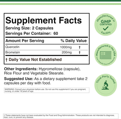 Quercetin with Bromelain - 96% Highly Purified - 120 Count (1,200mg Servings) - Supports Healthy Immune Functions in Men and Women (Vegan Safe, Third Party Tested, Gluten Free) by Double Wood