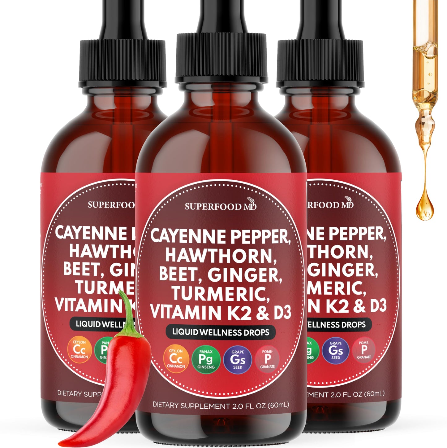 Cayenne Pepper Supplement Liquid Drops + Hawthorn Berry, Vitamin D3 K2 Beet Root Powder, Ceylon Cinnamon, Turmeric Curcumin, Organic Panax Ginseng - 4 OZ