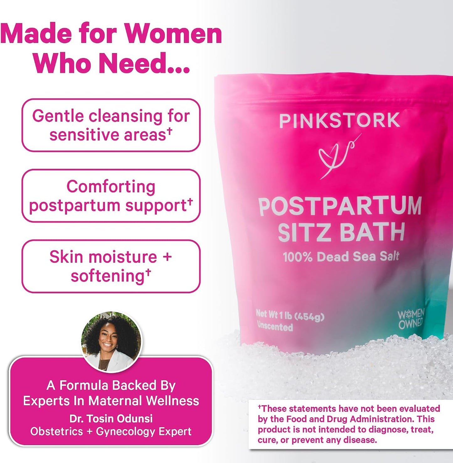 Pink Stork Postpartum Sitz Bath Soak: Dead Sea Salt for Perineal Care & Cleansing, Postpartum Recovery, Labor and Delivery Essentials, Women-Owned, Unscented, 16 oz