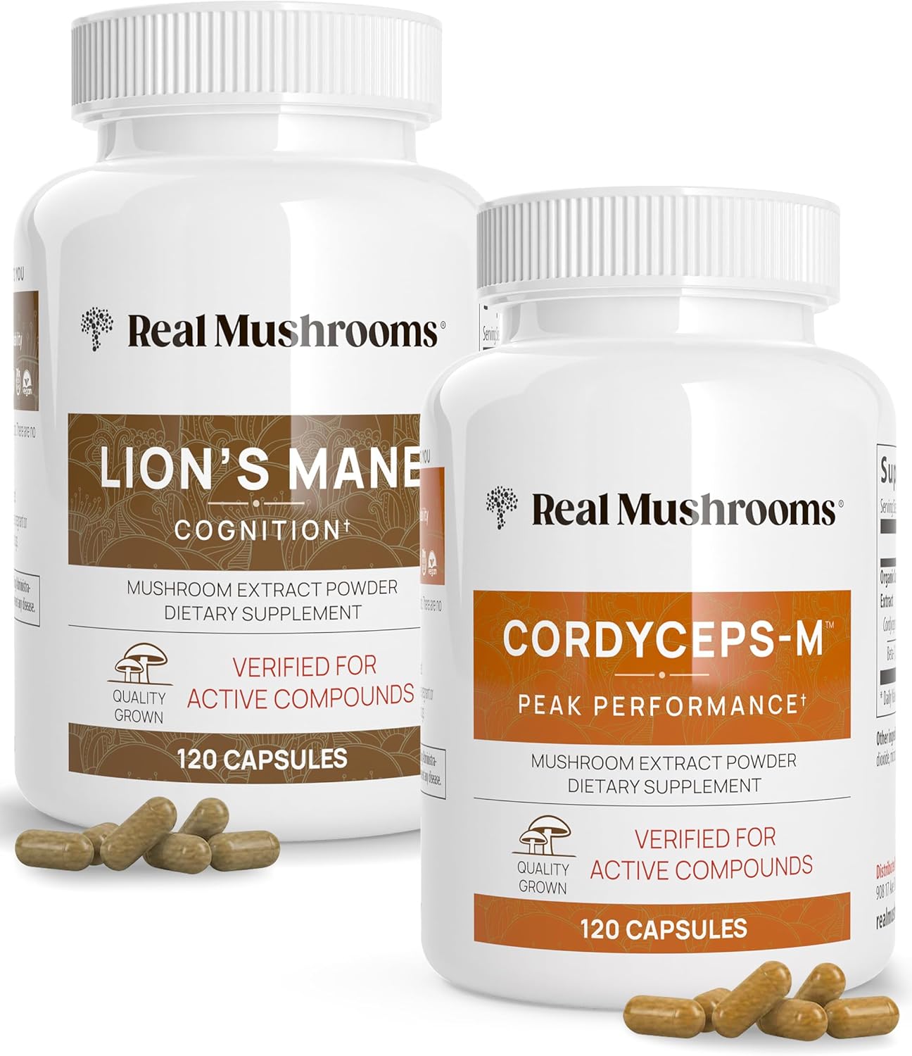 Real Mushrooms Lions Mane (120ct) and Cordyceps (120ct) Capsules Bundle - Mushroom Supplement for Cognition, Energy and Endurance