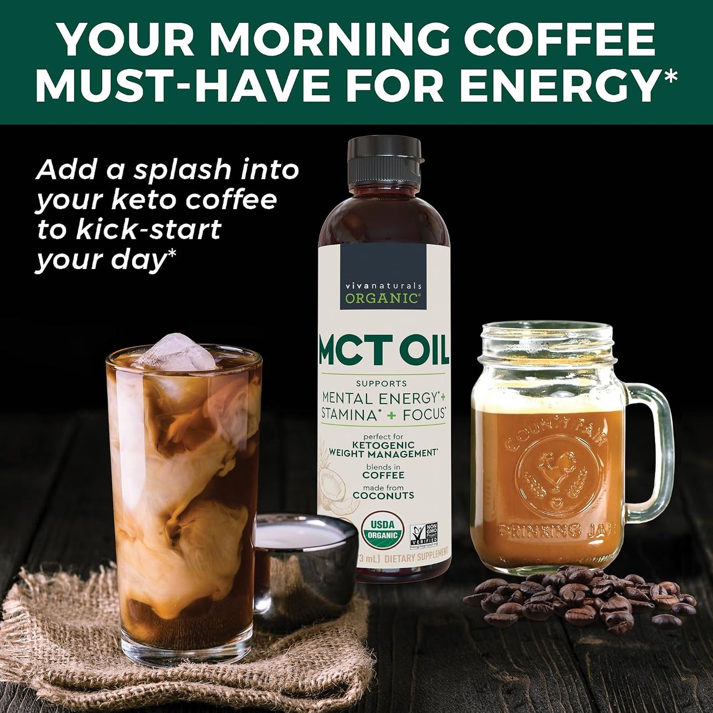 Viva Naturals Organic MCT Oil, 16 fl oz – MCT Oil for Coffee, USDA Organic, Non-GMO, Paleo Certified & Keto Friendly, Supports Energy & Mental Clarity