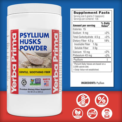 Yerba Prima Psyllium Husk Powder - 24 oz - Fine Ground, Unflavored, Sugar Free - Natural Fiber Supplement - Also for Baking - Contains Both Soluble & Insoluble Bulk for Regularity Support