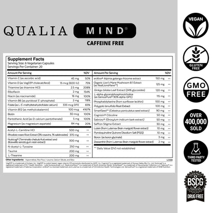 Qualia Mind (Caffeine Free) | The Ultimate Blend for Brain Health* | Doctor-Formulated Nootropic to Fuel Focus & Concentration* | Supports Long Term Brain Health| Maintain Drive & Productivity