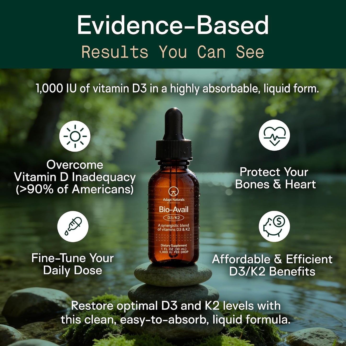 Adapt Naturals Vitamin D3 K2 1000 IU & MCT Oil Supplement (600 Servings) | Bioavailable Highly Absorbable Liquid Formula, Overcome Vitamin D Deficiency, Support Immune & Metabolic Health - 1 FL Oz