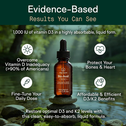 Adapt Naturals Vitamin D3 K2 1000 IU & MCT Oil Supplement (600 Servings) | Bioavailable Highly Absorbable Liquid Formula, Overcome Vitamin D Deficiency, Support Immune & Metabolic Health - 1 FL Oz