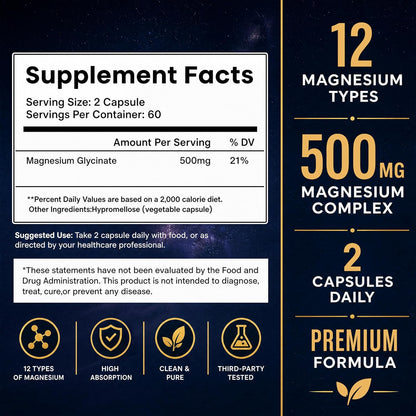 Pure Magnesium Glycinate 500mg Per Serving, High Absorption Magnesium Supplement for Women & Men | Sleep Support, Muscle Cramp Relief, Stress (Pack of 2)