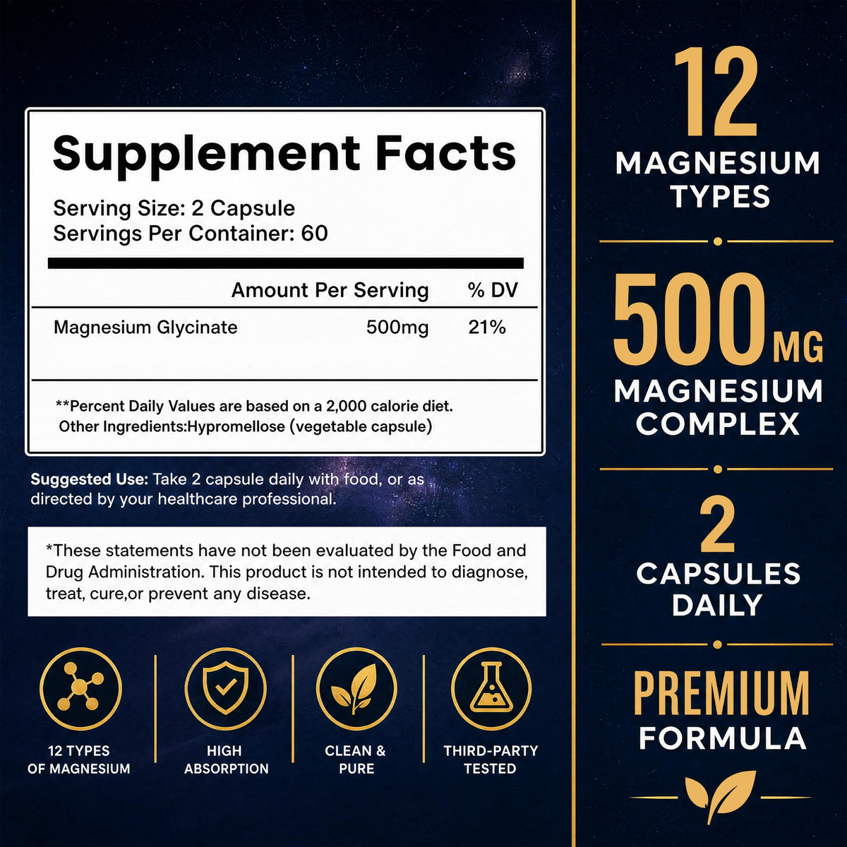 Pure Magnesium Glycinate 500mg Per Serving, High Absorption Magnesium Supplement for Women & Men | Sleep Support, Muscle Cramp Relief, Stress (Pack of 2)