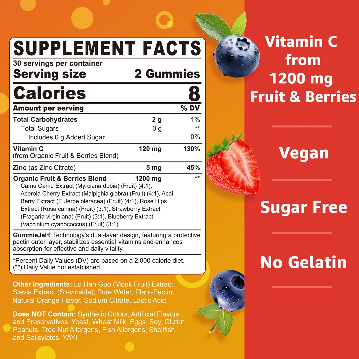 Organic Vitamin C Gummies 120mg for Adults, Sugar Free, Daily Immune Defense, Raw Antioxidant, 100% Whole Food Chewable Vitamin C Supplement from 1200mg Berries & Fruits for Collagen, Vegan, 60 Counts