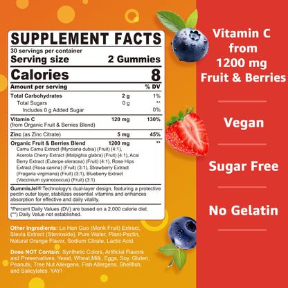 Organic Vitamin C Gummies 120mg for Adults, Sugar Free, Daily Immune Defense, Raw Antioxidant, 100% Whole Food Chewable Vitamin C Supplement from 1200mg Berries & Fruits for Collagen, Vegan, 60 Counts
