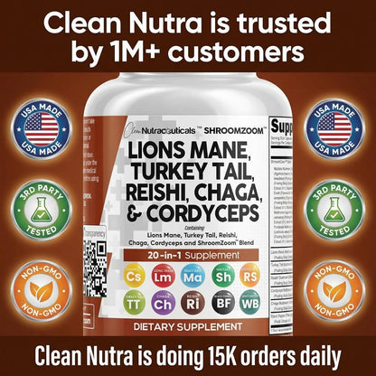 Clean Nutraceuticals Lions Mane 20in1 Mushroom Supplement with Turkey Tail Reishi Cordyceps Chaga Maitake Meshima Poria Cocos Shiitake Oyster Porcini Enoki - 1 Pack