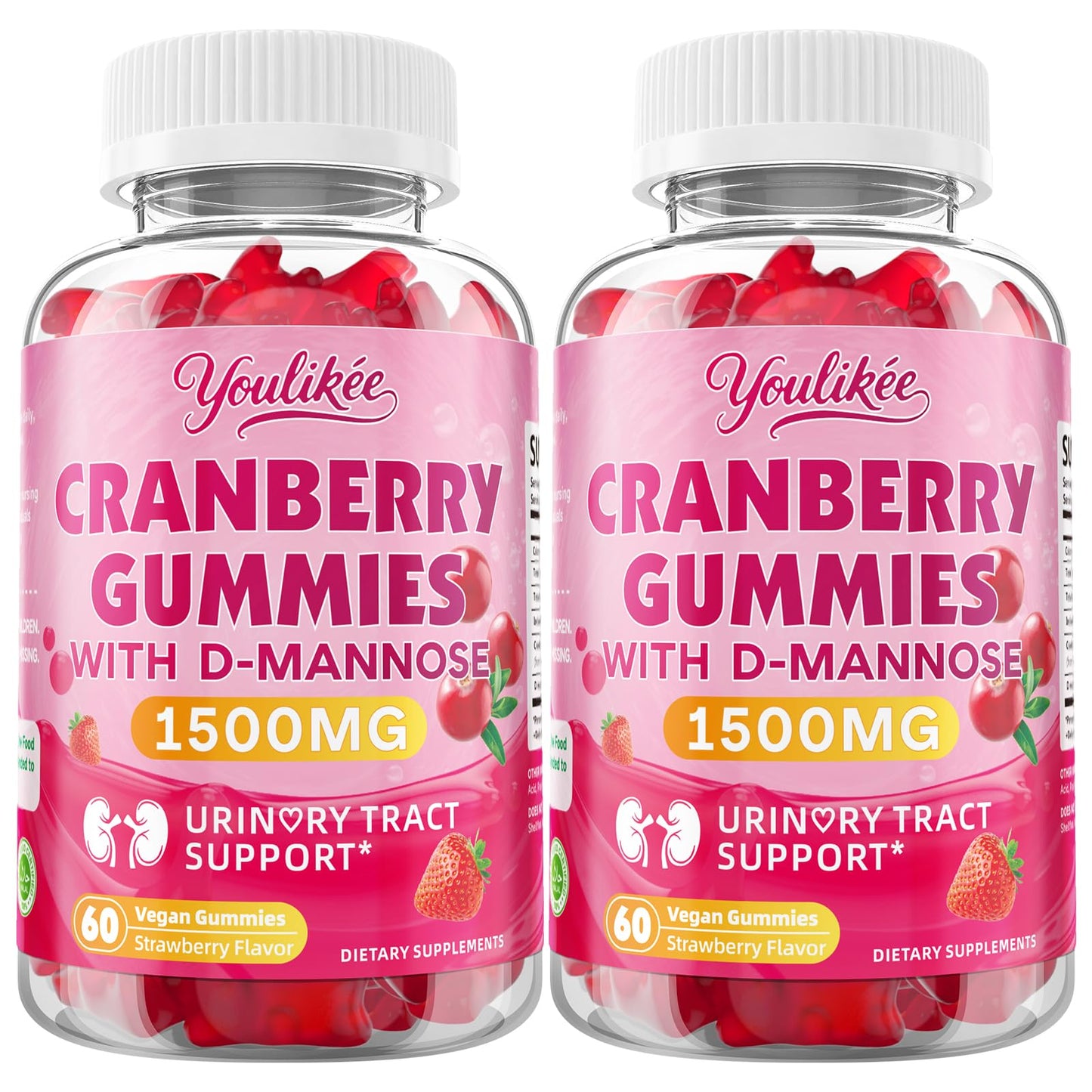 Vegan Cranberry Gummies 1500mg with D Mannose, Strawberry Flavor, 60 Count | Supports Urinary Tract Health for Women & Men, Sugar-free, Non-GMO and Gluten Free