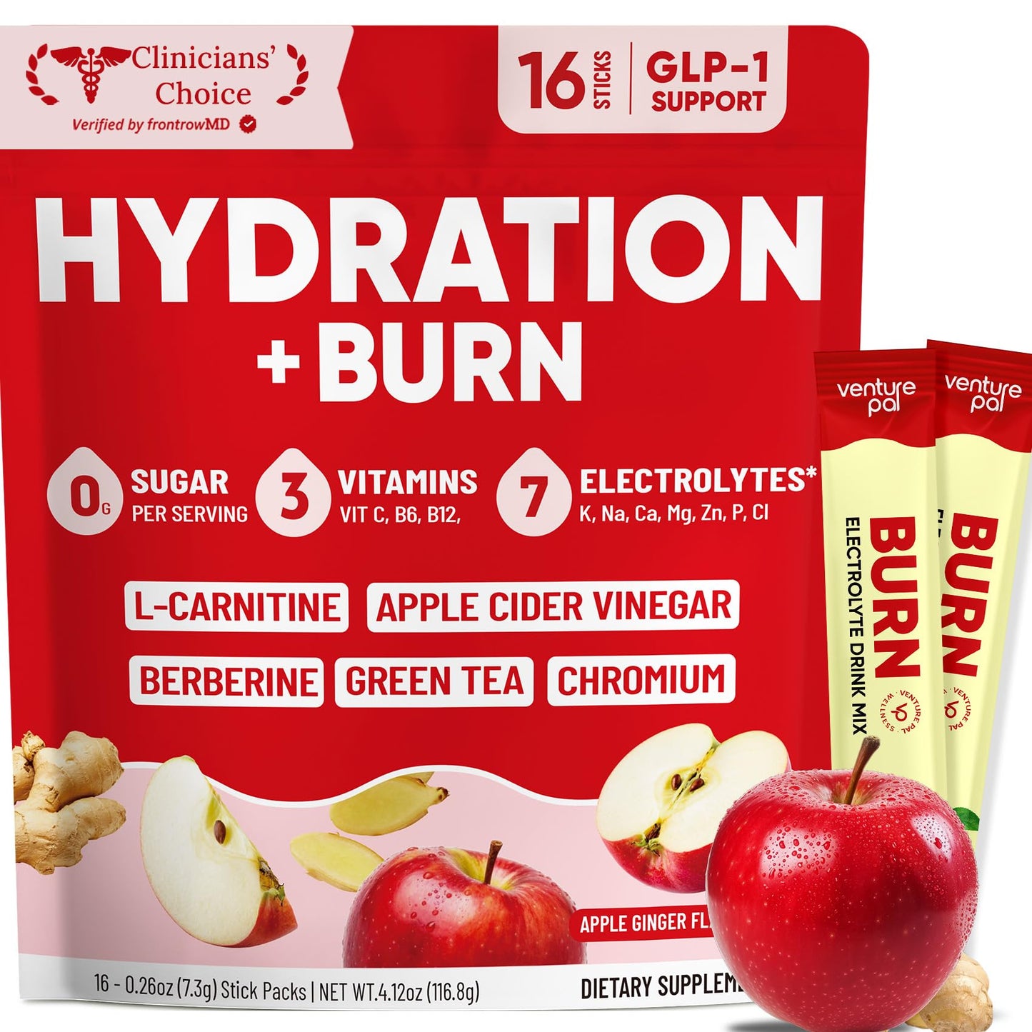 Venture Pal Electrolyte Packets + Burn Support, Sugar Free, 16 Sticks | 7 Electrolytes + L-Carnitine, Berberine, ACV, Chromium, Green Tea, Metabolic Support, Keto Friendly, Vegan, Liquid Daily IV