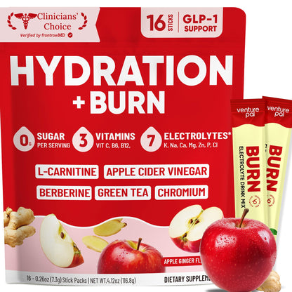 Venture Pal Electrolyte Packets + Burn Support, Sugar Free, 16 Sticks | 7 Electrolytes + L-Carnitine, Berberine, ACV, Chromium, Green Tea, Metabolic Support, Keto Friendly, Vegan, Liquid Daily IV