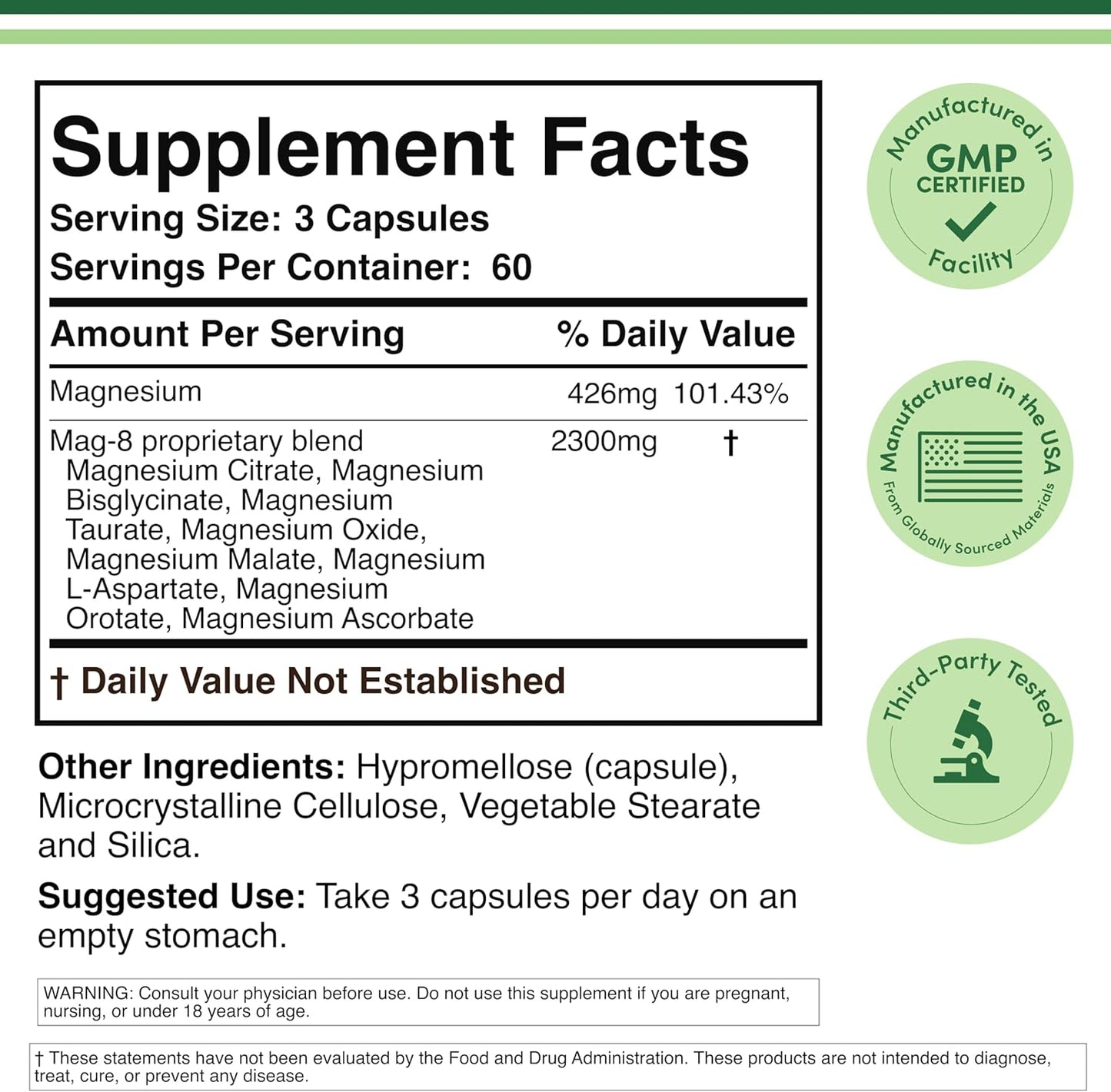 Magnesium Complex Supplement 180 Capsules (426mg Elemental Magnesium Provided by 2,300mg of Eight Different Forms of Magnesium) MAG-8 Provides 100% Daily Recommended Value of Magnesium by Double Wood