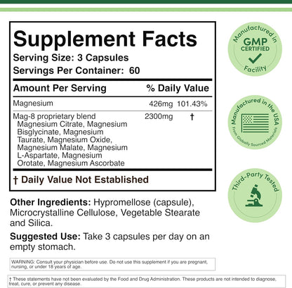 Magnesium Complex Supplement 180 Capsules (426mg Elemental Magnesium Provided by 2,300mg of Eight Different Forms of Magnesium) MAG-8 Provides 100% Daily Recommended Value of Magnesium by Double Wood