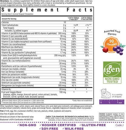 Bluebonnet Nutrition Rainforest Animalz Whole Food Based Multiple Chewable Tablets, Kids Multivitamin & Mineral, Vitamin C, D3, Iron, Gluten Free, Milk Free, Kosher, 90 Chewable Tablets, Mixed Flavors