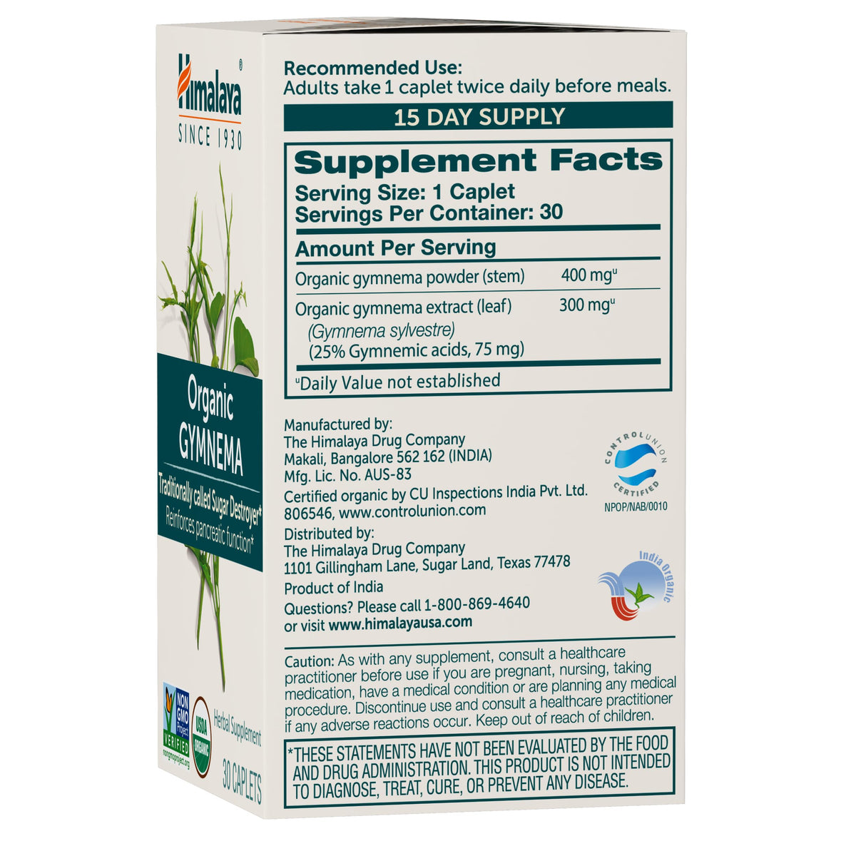 Himalaya USDA Organic Gymnema Sylvestre Supplement, 700mg, 60 Caplets