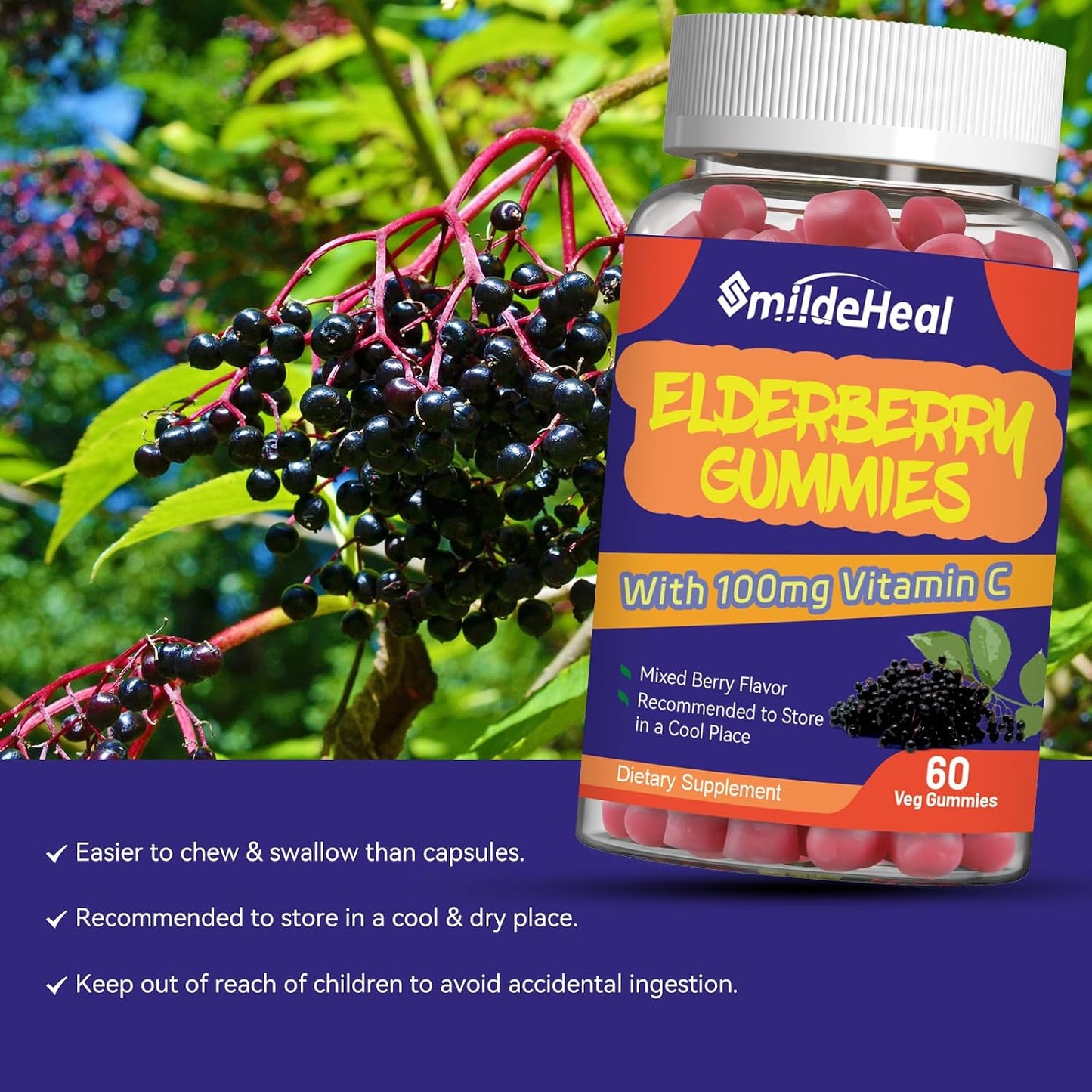 Elderberry Gummies 300mg, with Vitamin C and Zinc, 60 Count | Elderberry Gummies, Elderberry Extract 300mg, with Vitamin C and Zinc, Strawberry Flavor GummiesImmune Support, 60 Count