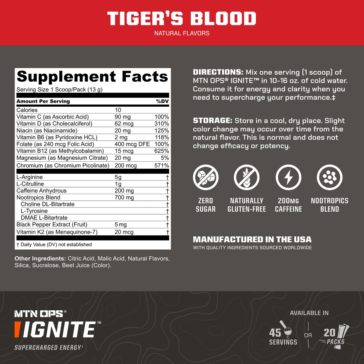 MTN OPS Ignite Energy Powder, Zero Sugar, Tiger's Blood