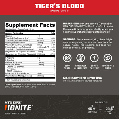 MTN OPS Ignite Energy Powder, Zero Sugar, Tiger's Blood