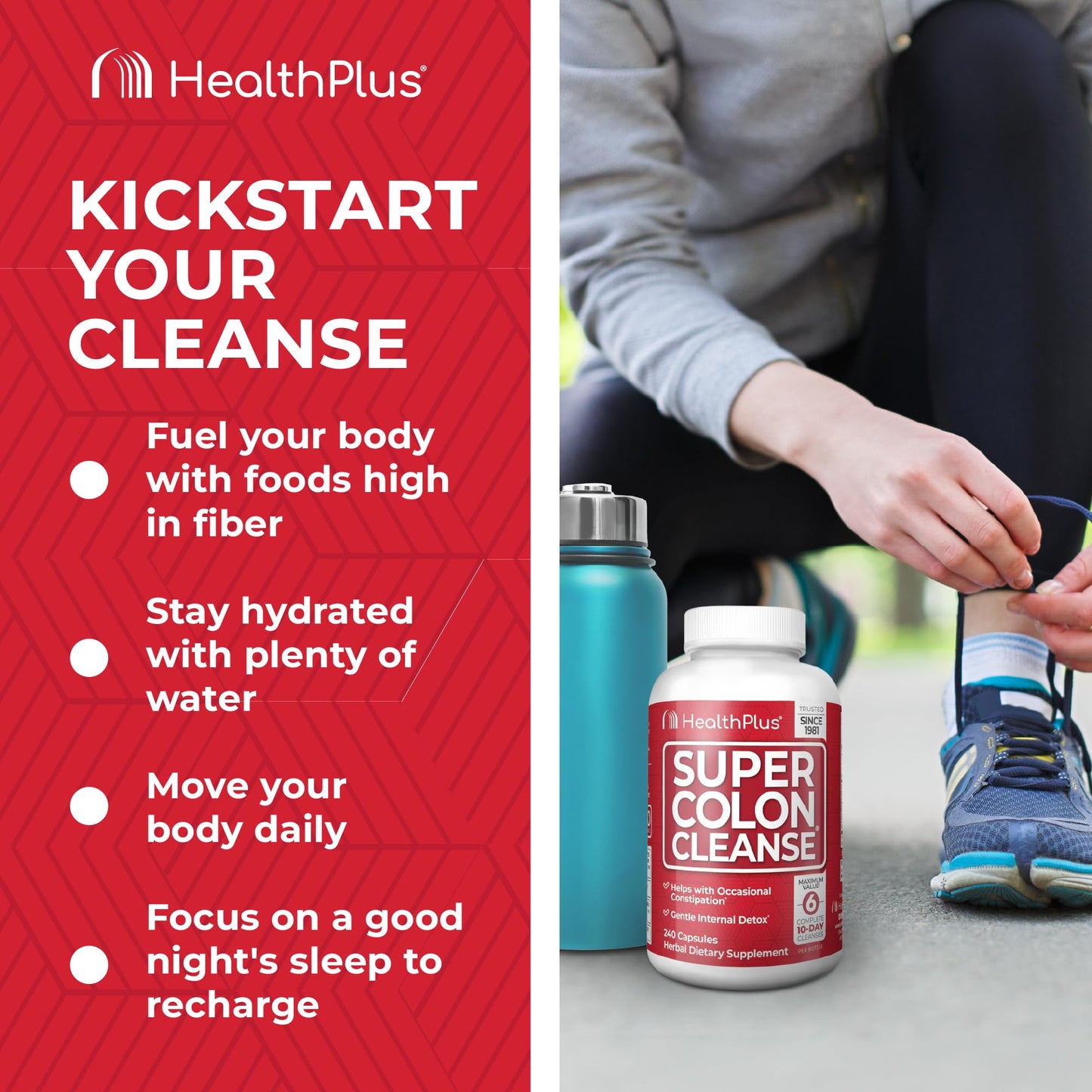 Health Plus Super Colon Cleanse 60 Day Supply of Gentle Gut Cleanse Detox, Psyllium Husk, Probiotics for Constipation Relief & Digestive Support, 240 Capsules