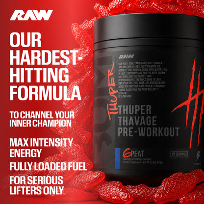 RAW Thuper Thavage Pre Workout Powder - High-Stim Preworkout with Creatine, Beta Alanine, L-Citrulline & Caffeine - Chris Bumstead Gym & Fitness Supplement for Men & Women - Watermelon Grape