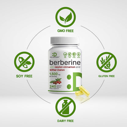 Berberine Supplement 500mg Per Capsule (1500mg Per Serving) | 240 Veggie Capsules